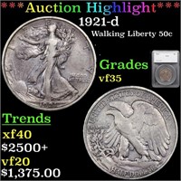 *Highlight* 1921-d Walking Liberty 50c Graded vf35