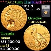 *Highlight* 1911-d Indian $5 Graded ms63 details