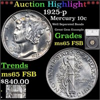 *Highlight* 1925-p Mercury 10c Graded ms65 FSB