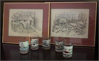 Signed M.L. Hodges Prints, Currier & Ives Cups