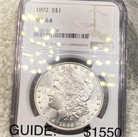 1892 Morgan Silver Dollar NGC - MS64