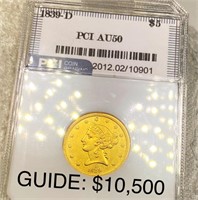 1839-D $5 Gold Half Eagle PCI - AU50