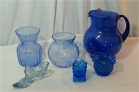 Blue Ribbed Vases, Hobnail Candle Holders, Fenton