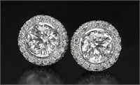2.20 Cts Round Diamond Halo Stud Earrings 14 Kt