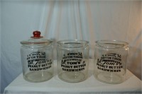 Three Vintage TOM'S PEANUT BUTTER SANDWICHES JARS