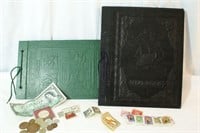Two Vintage Scrapbooks, Assortment Coins, Stamps