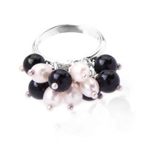 Italy Sterling Silver Pearl & Agate Bead Ring SZ
