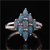 Size 9 Sterling Marquise Syn Opal Cluster Ring
