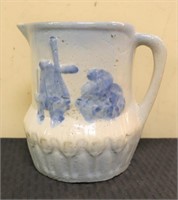Vintage salt glaze blue/white pitcher, see photos