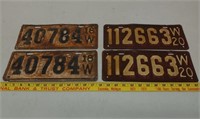 2 Pair 1918 & 20 WI license plates