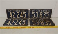 2 Pair 1937 WI license plates