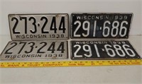 2 Pair 1938 & 39 WI license plates