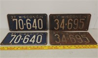 2 Pair 1937 WI license plates