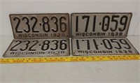 2 Pair 1938 WI license plates