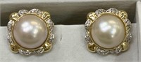 14K Yellow Gold Mabe Pearl and Diamond Earrings