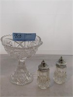 Glass dish & salt and pepper shakers