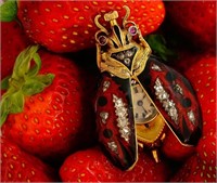 Gold, diamond, ruby & enamel scarab form watch