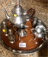 8 Pcs Pewter tray Teapot & condiment set