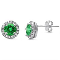 Halo Style Emerald 1.00ct Round Cut Earrings