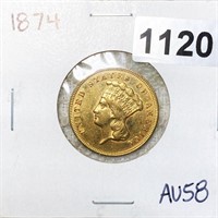 1874 Three Dollar Gold Piece CHOICE AU