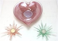 DEPRESSION GLASS CANDLE HOLDERS w HEART BOWL