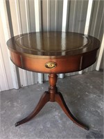 Leather Top Round Side Table w/ Faux Drawer