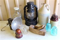 Vintage Items, Lantern, Crock Jug, Wood Plane, Insulators, Etc
