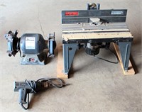 Bench Grinder, Router w/Table, Elec Drill