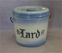 Blue/White stoneware bail hdld lard crock w/lid
