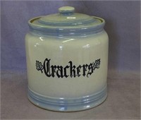 Blue/White stoneware "Crackers" jar w/lid