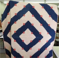 Red, white & navy "The Log Patch" quilt, 75" x 65"
