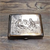 Brass cigarette case, featuring a hunting scene