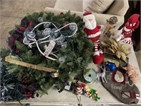 Christmas Lot wreath, lights, decor