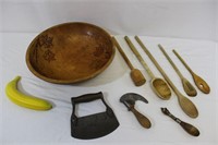 Vintage Wood Kitchen Tools & Mixing Bowl