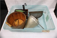 Vintage strainers, colider iron press & buckets