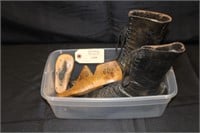 Antique Ladies leather boots & wood shoe stretcher