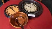 2 Large Wall Clocks 22” 15” Wood Salad Bowl