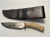 ANTLER HANDLED HAND FORGED 9" KNIFE WITH LEATHER
