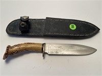 ANTLER HANDLED HAND FORGED 10" KNIFE WITH LEATHER