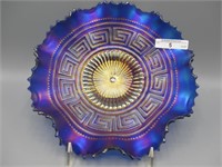 Nwood 9" elec blue Greek Key ruffled bowl.