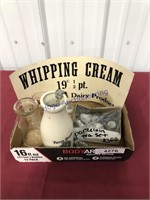 MILK BOTTLES, CREAM TOP SPOON, WHIPPING CREAM SIGN