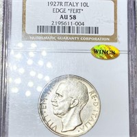 1927 Italian Silver 10 Lire NGC - AU58 WINGS