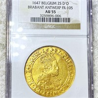 1647 Belgium Gold 2 Sovereign D'or NGC - AU55
