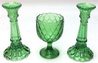 GREEN GLASS CANDLE HOLDERS AND CANDY DISH