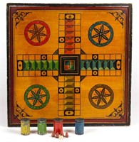 Paint-decorated gameboards, including this parchessi example retaining original playing pieces, ex-Jeff and Holly Noordsy