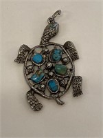 Vintage Silver Turtle W/ Turquoise Pendant