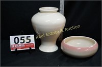HAEGER VASE AND PINK AND WHITE BOWL