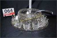 PUNCH BOWL W/ PLATTER AND 12 GLASSES W GLASS LADEL
