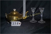ANTIQUE TEA KETTLE AND CANDLE HOLDERS