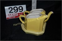 HALL CHINA CO. TWO YELLOW TEAPOTS WITH STAND